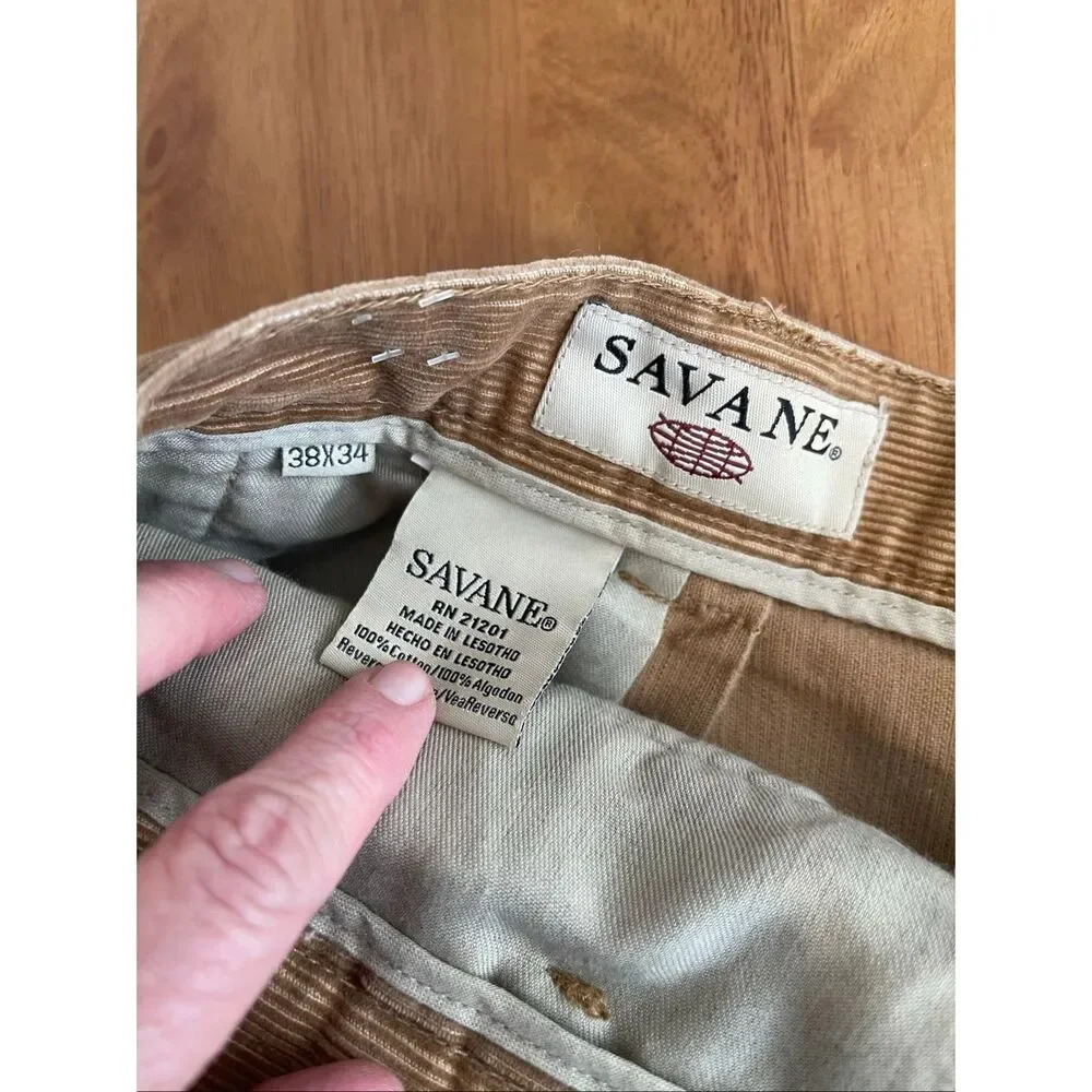 Vintage 90s Savane‎ Mens Corduroy Pleated Front Pants Tan 38x34 Classic Workwear